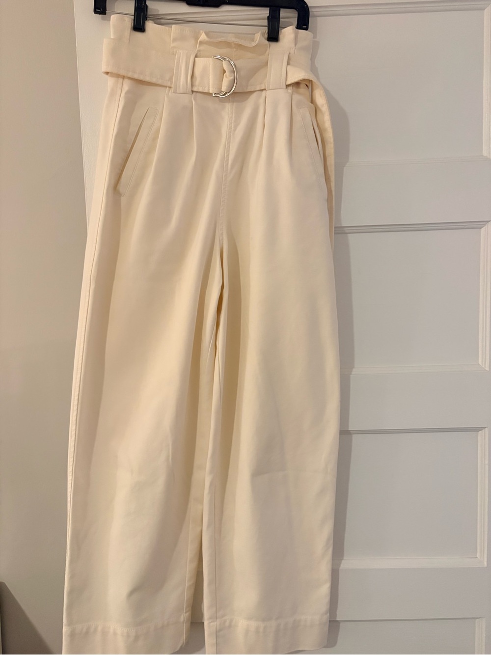 Ganni High-Waist Cream “paper bag” waist Wide-Leg Trousers with Belt